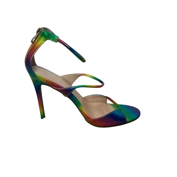 I.D Required Metallic Rainbow Colored Iridescent Strappy Heels Size: 10 Wide - Picture 3 of 8
